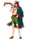  1boy abs bow_(weapon) bracelet cape coral fire_emblem fire_emblem:_the_sacred_stones fire_emblem_heroes full_body hat highres jewelry joshua_(fire_emblem) long_hair navel official_art red_eyes red_hair ring sandals shirtless solo suekane_kumiko swimsuit transparent_background weapon 