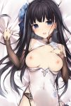  1girl bare_shoulders bed_sheet black_hair blue_eyes blue_flower blush breasts breath china_dress chinese_clothes commentary_request detached_sleeves dress eyebrows_visible_through_hair flower garter_belt hair_flower hair_ornament hand_on_own_chest karory long_hair looking_at_viewer medium_breasts nipples open_mouth original sleeveless sleeveless_dress solo 