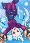  1girl absurdres blue_hair bodysuit breasts gloves highres kula_diamond long_hair looking_at_viewer medium_breasts purple_eyes simple_background smile snowflakes the_king_of_fighters upside-down 