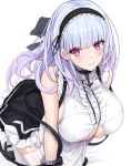  1girl anchor_choker apron azur_lane bangs bare_shoulders black_hairband black_skirt blue_ribbon blunt_bangs blush breasts center_frills choker cuffs dido_(azur_lane) dress frilled_choker frills hair_ribbon hairband highres kneeling large_breasts leaning_forward long_hair looking_at_viewer maid parted_lips purple_eyes ribbon skirt smile solo thighhighs underboob underboob_cutout untue waist_apron white_apron white_hair white_legwear 