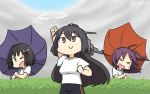  3girls ahoge alternate_costume black_hair brown_hair closed_eyes cloud cloudy_sky commentary_request dated hagikaze_(kantai_collection) haguro_(kantai_collection) hair_between_eyes hamu_koutarou head_tilt headgear highres hokuto_no_ken holding holding_umbrella kantai_collection long_hair looking_at_another looking_up multiple_girls nagato_(kantai_collection) one_eye_closed one_side_up open_mouth outdoors pants parody purple_hair rain sky smile track_pants umbrella upper_body wind 