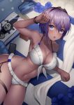  1girl 2boys :o arm_support arm_up armpits bag bangs banned_artist beach_towel bikini black_hairband blush bottle breasts cellphone character_request cleavage collarbone commentary_request dark_skin eyebrows_visible_through_hair fate/grand_order fate_(series) frilled_bikini frills from_above goggles hairband hassan_of_serenity_(fate) in_bag in_container kyoeiki lying medium_breasts miniboy multiple_boys navel on_side open_mouth phone purple_hair short_hair smartphone solo_focus stomach swimsuit thigh_strap towel water_bottle white_bikini wristband 