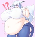  5_fingers ?! animal_humanoid belly belly_expansion big_belly big_breasts big_butt blush bottomwear breasts butt canid canid_humanoid canine canine_humanoid clothed clothing curvy_figure deep_navel eyelashes female fingers fluffy fluffy_tail fox_humanoid fur futon_(artist) hair hi_res huge_breasts humanoid humanoid_hands inflation inner_ear_fluff light_skin long_hair mammal mammal_humanoid monotone_hair navel nipple_outline obese obese_female open_mouth overweight overweight_female pants pink_background purple_eyes simple_background solo standing surprise thick_thighs thigh_expansion tight_clothing torn_bottomwear torn_clothing torn_pants tuft voluptuous weight_gain white_body white_fur white_hair wide_hips 