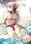  1girl absurdres american_flag_bikini ass asymmetrical_hair back bangs beach bikini blush breasts bun_cover fate/grand_order fate_(series) feet feet_up flag_print hair_bun hane_yuki highres large_breasts legs long_hair looking_at_viewer looking_back lying miyamoto_musashi_(fate/grand_order) miyamoto_musashi_(swimsuit_berserker)_(fate) on_stomach pink_hair side_bun smile soles swept_bangs swimsuit toes water 