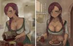  1girl baked_potato braid breasts cleavage closed_mouth collarbone commentary cooking crop_top durin_(liangzi_tai_hongcha) earrings eyelashes food green_eyes highres indoors jar jewelry kitchen knife large_breasts liangzi_tai_hongcha long_hair looking_at_viewer map multiple_views navel navel_piercing original parted_lips piercing plate pouring red_hair shirt single_braid slit_pupils smile steak steam stud_earrings sweat tengwar_text translated tray twin_braids upper_body wet wet_hair white_shirt 