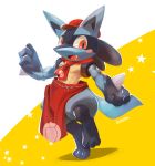  1boy animal_ears apron artist_name blush blush_stickers cabbie_hat clenched_hand clothed_pokemon commentary_request fangs full_body furry gen_4_pokemon hand_up hat highres kuroma_(kuroma0227) leg_up looking_to_the_side lucario male_focus muscle neckerchief no_humans open_mouth paws poke_ball_symbol poke_ball_theme pokemon pokemon_(creature) pokemon_(game) pokemon_cafe_mix red_eyes red_headwear red_neckwear ribbon sideways_mouth signature simple_background solo spikes standing standing_on_one_leg star_(symbol) starry_background tail two-tone_background white_background wolf_ears wolf_tail yellow_background 