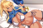  1girl ahoge artoria_pendragon_(all) artoria_pendragon_(lancer) ass_visible_through_thighs bangs baseball_cap bed bed_sheet bedroom bikini blonde_hair blue_headwear blue_jacket blush breasts bursting_breasts cameltoe cleavage commentary_request cosplay cropped_jacket crown crown_removed dark_skin deep_skin eyebrows_visible_through_hair fanbox_reward fang fate/grand_order fate_(series) fingernails flying_sweatdrops green_eyes groin hair_between_eyes hand_up hat hat_removed headwear_removed highres holding holding_hat huge_breasts indoors jacket large_breasts leg_ribbon long_hair looking_at_viewer lying micro_bikini midriff mysterious_heroine_xx_(foreigner) mysterious_heroine_xx_(foreigner)_(cosplay) navel on_bed on_side open_mouth paid_reward pillow ponytail ribbon shiny shiny_skin shrug_(clothing) shuugetsu_karasu side-tie_bikini sidelocks skin_fang skindentation solo stomach strap_gap string_bikini swimsuit tan thigh_strap underboob white_bikini wristband zipper zipper_pull_tab 