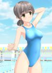  1girl absurdres aqua_swimsuit bench blue_sky blurry breasts brown_eyes cloud collarbone commentary_request competition_swimsuit cowboy_shot day depth_of_field grey_hair highres looking_to_the_side low_ponytail medium_breasts one-piece_swimsuit original outdoors painttool_sai_(medium) pool poolside short_hair short_ponytail sky solo string_of_flags swimsuit takafumi 
