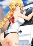  1girl :o ass back back_tattoo bangs bare_shoulders black_panties blonde_hair blue_eyes blue_sky blush braid breasts cactus car clenched_hands cloud eyebrows_visible_through_hair fate/apocrypha fate/grand_order fate_(series) ground ground_vehicle hellandheaven highres jeanne_d&#039;arc_(fate) jeanne_d&#039;arc_(fate)_(all) large_breasts long_braid looking_to_the_side motor_vehicle open_mouth outdoors panties pout shirt sidelocks single_braid sky sleeveless sleeveless_shirt standing sweat tattoo thighs underwear white_shirt 
