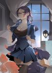  1girl alternate_costume bangs black-framed_eyewear black_legwear black_shirt blue_shirt blue_skirt breasts clang cleavage closed_mouth collarbone collared_shirt curtains dress_shirt falling_petals fate/grand_order fate_(series) glasses highres indoors large_breasts long_hair low-tied_long_hair minamoto_no_raikou_(fate/grand_order) parted_bangs pleated_skirt purple_eyes purple_hair shirt shirt_pull sidelocks skirt standing thighhighs thighs very_long_hair window 