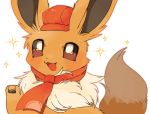 :3 blush brown_outline brown_sclera cabbie_hat commentary_request eevee gen_1_pokemon hand_up happy hat looking_up neckerchief no_humans open_mouth poke_ball_symbol poke_ball_theme pokemon pokemon_(creature) pokemon_(game) pokemon_cafe_mix red_headwear red_neckwear simple_background smile socono_noa solo sparkle white_background white_eyes 