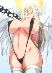  1girl angel_wings archangel_raziel_(p&amp;d) areola_slip areolae black_swimsuit blush breasts chain covered_eyes covered_nipples cowboy_shot feathered_wings hair_intakes halo head_wings highres large_breasts long_hair nose_blush parted_lips platinum_blonde_hair pubic_hair pubic_hair_peek puzzle_&amp;_dragons slingshot_swimsuit solo sweat swimsuit u2_(user_pupx8327) white_wings wings 