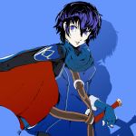  1girl alternate_costume bangs belt blue_background blue_eyes blue_hair blue_shirt breasts cape commentary_request cosplay dh_(brink_of_memories) fire_emblem fire_emblem_awakening hairband highres looking_at_viewer lucina_(fire_emblem) lucina_(fire_emblem)_(cosplay) persona persona_4 shadow shirogane_naoto shirt short_hair simple_background smile solo sword weapon 