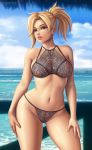  beach black_bra black_lingerie black_panties blonde_hair bra breasts bridge curvy eye_contact flowerxl lace lace-trimmed_bra lace-trimmed_panties lips lipstick looking_at_another makeup mercy_(overwatch) overwatch palms panties ponytail underwear 