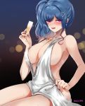  1girl absurdres azur_lane backless_dress backless_outfit bangs bare_shoulders blue_hair blue_nails blush breasts champagne_flute cleavage cup dole_(lo628) dress drinking_glass earrings evening_gown grey_dress hair_ornament hairclip halter_dress highres holding holding_cup jewelry large_breasts licking_lips nail_polish necklace pink_eyes plunging_neckline revealing_clothes side_ponytail sidelocks silver_dress st._louis_(azur_lane) st._louis_(luxurious_wheels)_(azur_lane) thighs tongue tongue_out 