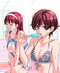  2girls :p bangs bikini black_bikini blue_swimsuit breasts brown_hair chain-link_fence closed_eyes commentary_request fence food food_in_mouth front-tie_bikini front-tie_top hairband highres holding holding_food kokoro-chan_(suzutsuki_kurara) kurara-chan_(suzutsuki_kurara) large_breasts medium_hair multiple_girls original polka_dot polka_dot_swimsuit popsicle purple_eyes red_hair short_hair sitting small_breasts striped striped_bikini suzutsuki_kurara sweat swimsuit tongue tongue_out v_arms white_hairband 