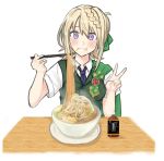 1girl badge blonde_hair blue_neckwear bottle braid braided_bun cape commentary_request dokuganryuu dress_shirt eating food green_cape green_vest highres kantai_collection looking_at_viewer necktie noodles perth_(kantai_collection) purple_eyes ramen school_uniform shirt short_hair short_sleeves simple_background solo table upper_body v vest white_background white_shirt 