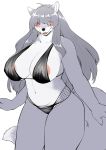  anthro big_breasts bikini blush breasts canid canine canis cleavage clothed clothing curvy_figure eye_through_hair female fur grey_body grey_fur grey_hair hair hair_over_eyes hi_res huge_breasts kemono kikunoya long_hair looking_at_viewer mammal multicolored_body multicolored_fur nipple_outline nipples open_mouth simple_background solo standing swimwear thick_thighs translucent translucent_hair two_tone_body two_tone_fur voluptuous white_background white_body white_fur wolf 