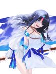  1girl bangs bare_shoulders black_hair blue_eyes blue_ribbon blue_sky blush breasts cleavage collarbone dress fate/grand_order fate/requiem fate_(series) fundoshi head_tilt highres japanese_clothes jewelry large_breasts long_sleeves looking_at_viewer magatama magatama_hair_ornament medium_hair multicolored_hair muwon necklace open_mouth pelvic_curtain pink_hair polearm puffy_long_sleeves puffy_sleeves ribbon short_dress sideboob sideless_outfit sky smile spear streaked_hair thighs utsumi_erise weapon white_dress 
