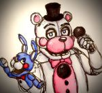  animatronic anthro blue_body bow_tie clothing five_nights_at_freddy&#039;s funtime_freddy_(fnafsl) hat headgear headwear looking_at_viewer machine male mammal microphone pink_body puppet_bonnie_(fnafsl) robot sheered_molly solo top_hat ursid video_games white_body 