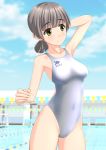  1girl absurdres aqua_swimsuit bench blue_sky blurry breasts brown_eyes cloud collarbone competition_swimsuit cowboy_shot day depth_of_field grey_hair highres looking_to_the_side low_ponytail medium_breasts one-piece_swimsuit original outdoors painttool_sai_(medium) pool poolside short_hair short_ponytail sky solo string_of_flags swimsuit takafumi white_swimsuit 