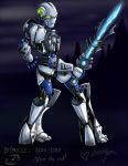  &lt;3 5_fingers armor bionicle blue_body digital_drawing_(artwork) digital_media_(artwork) fingers frown green_eyes green_markings holding_object holding_weapon humanoid lego looking_back machine male markings mask matoro melee_weapon multicolored_body not_furry purple_background robot simple_background solo standing sword text toa two_tone_body weapon white_body zen-slushie 