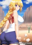  1girl :t back back_tattoo bangs bare_shoulders blonde_hair blue_eyes blue_shorts blue_sky blush braid breasts cactus clenched_hands cloud eyebrows_visible_through_hair fate/apocrypha fate/grand_order fate_(series) ground hellandheaven highres hitchhiking jeanne_d&#039;arc_(fate) jeanne_d&#039;arc_(fate)_(all) large_breasts long_braid outdoors pout shirt shorts sidelocks single_braid sky sleeveless sleeveless_shirt standing tattoo white_shirt 