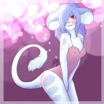  1:1 animal_humanoid anthro blue_body blue_fur blue_hair blush breasts butt clothed clothing digital_drawing_(artwork) digital_media_(artwork) female fluffy fluffy_tail flustered fur genitals hair hi_res humanoid looking_at_viewer mammal mammal_humanoid mouse murid murine nipples nude partially_clothed pink_eyes pink_hair pink_nipples raised_tail rodent rossalea shy simple_background size_difference slim small_breasts small_nipples smaller_female smile solo tasteful tasteful_nudity thick_thighs topwear 