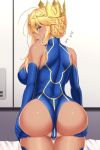  1girl :o absurdres ahoge artoria_pendragon_(all) artoria_pendragon_(lancer) ass back bangs bare_shoulders bed_sheet blonde_hair blue_gloves blue_leotard blush braid breasts cowboy_shot crown dark_skin deep_skin elbow_gloves eyebrows_visible_through_hair eyelashes fanbox_reward fate/grand_order fate_(series) french_braid from_behind gloves green_eyes hair_between_eyes hands_on_own_ass hands_on_own_thighs highres indoors large_breasts leotard long_hair looking_at_viewer looking_back open_mouth paid_reward shiny shiny_skin shoulder_blades shuugetsu_karasu sidelocks sideways_glance skindentation solo spread_ass standing sweatdrop swept_bangs tan thigh_grab thighs 