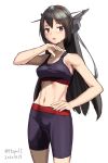  1girl alternate_costume bike_shorts black_hair black_shorts breasts commentary_request cowboy_shot headgear highres hispol kantai_collection long_hair looking_at_viewer medium_breasts midriff nagato_(kantai_collection) red_eyes shorts simple_background solo sports_bra sportswear sweat white_background 