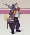  anthro bag black_boots black_nose bottomwear canid canine chinese_text clothing cloudcat dog_tags ear_piercing ear_ring finger_to_mouth fox full-length_portrait fur furgonomics green_eyes gun hi_res holding_gun holding_object holding_weapon hood looking_at_viewer male mammal multicolored_body multicolored_fur muscular muscular_male navel pants piercing portrait ranged_weapon simple_background solo straps text translucent translucent_clothing translucent_topwear weapon 