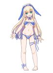  1girl 2018 :d ankle_ribbon arms_at_sides ass_visible_through_thighs barefoot belly blonde_hair blue_bra blue_hairband blue_headwear blue_neckwear blue_panties bow bow_bra bow_panties bra breasts breasts_apart character_request cleavage copyright_request detached_collar disconnected_mouth eyebrows_visible_through_hair feet frilled_bra frilled_cuffs frilled_hairband frills green_eyes groin groin_tendon hairband happy kiyama_satoshi large_breasts long_hair looking_at_viewer neck_ribbon open_mouth panties photoshop_(medium) raised_eyebrows ribbon shiny shiny_hair side-tie_panties sidelocks simple_background skindentation smile solo thigh_ribbon toes too_many_ribbons underboob underwear wavy_hair white_background white_neckwear white_ribbon wrist_cuffs wrist_ribbon 