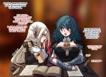 2girls artist_name blue_eyes blue_hair blush book breasts byleth_(fire_emblem) byleth_(fire_emblem)_(female) cleavage desk detached_collar edelgard_von_hresvelg english_text eyebrows_visible_through_hair eyes_visible_through_hair fire_emblem fire_emblem:_three_houses garreg_mach_monastery_uniform gloves hair_between_eyes highres indoors kinkymation large_breasts long_hair looking_at_another looking_at_breasts medium_hair multiple_girls open_book open_mouth paper shadow teeth tongue vambraces watermark white_gloves white_hair 