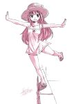 1girl bare_shoulders breasts collarbone dress eyebrows_visible_through_hair fairy_tail full_body hair_between_eyes hat long_hair looking_at_viewer mashima_hiro medium_breasts monochrome official_art outstretched_arms sandals sleeveless smile solo standing standing_on_one_leg straw_hat teeth wendy_marvell 