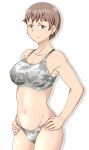  1girl bangs bikini breasts brown_eyes brown_hair camouflage camouflage_bikini cleavage closed_mouth commentary cowboy_shot freckles girls_und_panzer grey_bikini groin hands_on_hips large_breasts looking_at_viewer naomi_(girls_und_panzer) navel shadow short_hair simple_background smile solo standing swimsuit tanaka_rikimaru very_short_hair white_background 