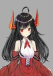  1girl ahoge bangs black_hair blush breasts choro_tofu closed_mouth collared_shirt commentary_request curled_horns detached_sleeves dress_shirt eyebrows_visible_through_hair grey_background hair_between_eyes high-waist_skirt highres horns long_hair long_sleeves looking_at_viewer neckerchief original red_eyes red_neckwear red_skirt red_sleeves shirt simple_background skirt sleeves_past_fingers sleeves_past_wrists small_breasts solo very_long_hair white_shirt wide_sleeves 
