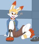  &lt;3 4_toes anthro bandage blonde_hair caroo clothed clothing dialogue dipstick_ears english_text footwear freckles fully_clothed hair hoodie lock male multicolored_ears nintendo pok&eacute;mon pok&eacute;mon_(species) sandals scorbunny sitting solo text toes topwear video_games 
