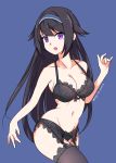  1girl bare_shoulders black_hair breasts collarbone eyebrows_visible_through_hair garter_straps girls_frontline hair_flaps headband highres large_breasts lingerie long_hair mole mole_under_eye open_mouth purple_eyes sidelocks solo super_sass_(girls_frontline) thighhighs underwear vanna very_long_hair 