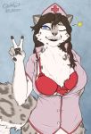  2020 anthro blokfort bottomless bra breasts brown_body brown_fur brown_hair chest_tuft clothed clothing felid female fur hair mammal nurse nurse_uniform pantherine smile snow_leopard solo tuft underwear uniform 