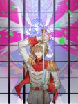  akechi_gorou arm_up bean_sprouts_(6651003) belt brown_eyes brown_hair capelet closed_mouth gloves hair_between_eyes highres holding holding_sheath holding_sword holding_weapon male_focus persona persona_5 red_capelet scabbard sheath stained_glass sword uniform unsheathing weapon white_gloves 