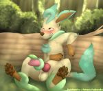  animal_genitalia animal_penis balls blush canine_penis eeveelution ejaculation feral fightmeatpax forest fur genitals hi_res knot leafeon male masturbation nintendo paws penis pok&eacute;mon pok&eacute;mon_(species) solo tan_body tan_fur tentacles tree video_games 