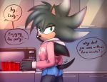  anthro butt clothing codyhedgie dialogue english_text eulipotyphlan girly green_eyes hedgehog hi_res krazyelf looking_at_viewer looking_back male mammal solo sonic_the_hedgehog_(series) text 