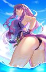  1girl ass ball bare_shoulders blue_sky cloud covered_nipples fingernails gloves hand_on_hip hat highres hikarusorano holding holding_ball league_of_legends long_hair looking_down outdoors partially_submerged ponytail purple_eyes purple_gloves purple_hair sky smile solo swimsuit syndra volleyball water wet 