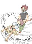  1boy 1girl bare_shoulders blonde_hair breasts closed_eyes crying eyebrows_visible_through_hair eyes_visible_through_hair fairy_tail full_body hair_between_eyes large_breasts lucy_heartfilia mashima_hiro medium_hair midriff motion_lines natsu_dragneel navel official_art open_mouth pants pink_hair shirt short_sleeves simple_background skirt sleeveless standing stomach swinging teeth tongue white_background 