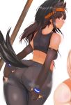  animal_humanoid armwear big_butt black_hair bodily_fluids bra brown_eyes butt chestnut_horse_(kemono_friends) clothing duo elbow_gloves equid equid_humanoid equine equine_humanoid female fingerless_gloves gloves hair hand_on_butt handwear hi_res humanoid kemono_friends long_hair looking_at_viewer looking_back mammal mammal_humanoid multi_ear seal_brown_horse_(kemono_friends) simple_background sports_bra sweat tan_body underwear unknown_artist yoga_pants 