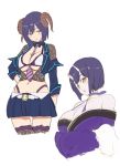  1girl 2018 :o belt between_breasts blazer blue_skirt blush bra breasts character_request cleavage copyright_request cropped_legs detached_sleeves eyebrows_visible_through_hair frilled_bra frills hair_between_eyes head_tilt horns jacket japanese_clothes kimono kiyama_satoshi lace layered_clothing looking_at_viewer looking_away looking_up multiple_views necktie necktie_between_breasts neon_trim nipples o-ring o-ring_top oni_horns open_blazer open_clothes open_jacket panty_straps photoshop_(medium) pleated_skirt purple_hair purple_neckwear see-through sheep_horns sidelocks simple_background skirt striped striped_neckwear thighhighs underwear upper_body white_background white_belt white_bra 
