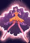  1girl anklet barefoot bishoujo_senshi_sailor_moon black_hair blue_eyes crescent double_bun dress earrings facial_mark feet forehead_mark full_body hair_bun highres jewelry long_hair luna_(sailor_moon) luna_(sailor_moon)_(human) murimajimuri solo very_long_hair 