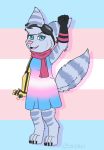  anthro biped clothing dress eyewear female flag_background fur goggles goggles_on_head hi_res lgbt_pride lol_comments lombax mammal piercing pride_color_clothing pride_colors prosthetic prosthetic_arm prosthetic_limb ratchet_and_clank rift_apart_lombax scarf skelefurs solo transgender_pride_colors video_games 