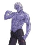  &gt;:) 1boy 2018 abs ahoge arm_at_side biceps black_pants character_request collarbone copyright_request cowboy_shot facial_hair flexing forked_eyebrows furrowed_eyebrows goatee grey_hair groin hand_up highres kiyama_satoshi nose pants pectorals photoshop_(medium) pointy_ears pose purple_nipples purple_skin red_eyes short_hair sideburns simple_background smile solo spiked_hair toned toned_male topless white_background white_hair 