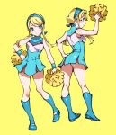  absurdres back bangs blonde_hair blue_eyes blush bomhat boots cheerleader full_body heroman highres holding holding_pom_poms lina_davis looking_at_viewer pom_poms sidelocks simple_background smile solo swept_bangs yellow_background 